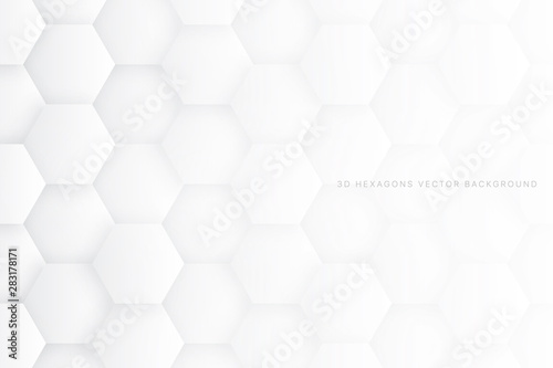 Fototapeta Naklejka Na Ścianę i Meble -  3D Hexagons Vector White Abstract Background. Scientific Technologic Three Dimensional Hexagonal Blocks Light Conceptual Wallpaper. Tech Clear Blank Subtle Textured Backdrop