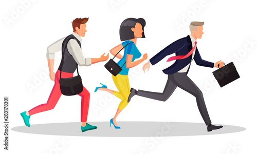 Students and business people running in the same direction to work, meeting in morning. People are late and hurry up. Motivation, competition, deadline, sale concept. Vector cartoon isolated on white.