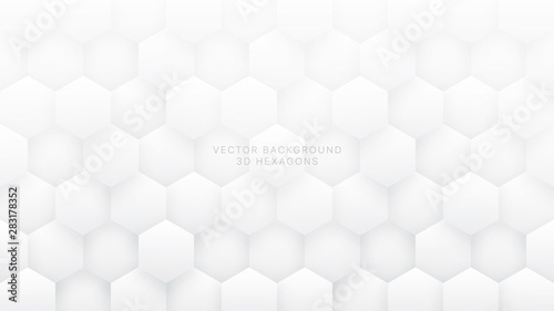 3D Vector Hexagons Technologic White Abstract Background. Sci-fi Hexagonal Blocks Structure Pattern Conceptual Minimalist Art Illustration. Light Clear Blank Subtle Textured Wallpaper