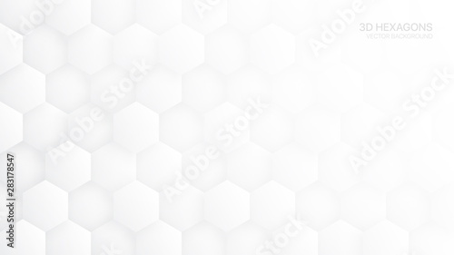 3D Vector Hexagon Pattern White Abstract Technologic Background. Tech Scientific Concept Hexagonal Blocks Structure Light Wide Wallpaper. Clear Blank Subtle Textured Banner Backdrop