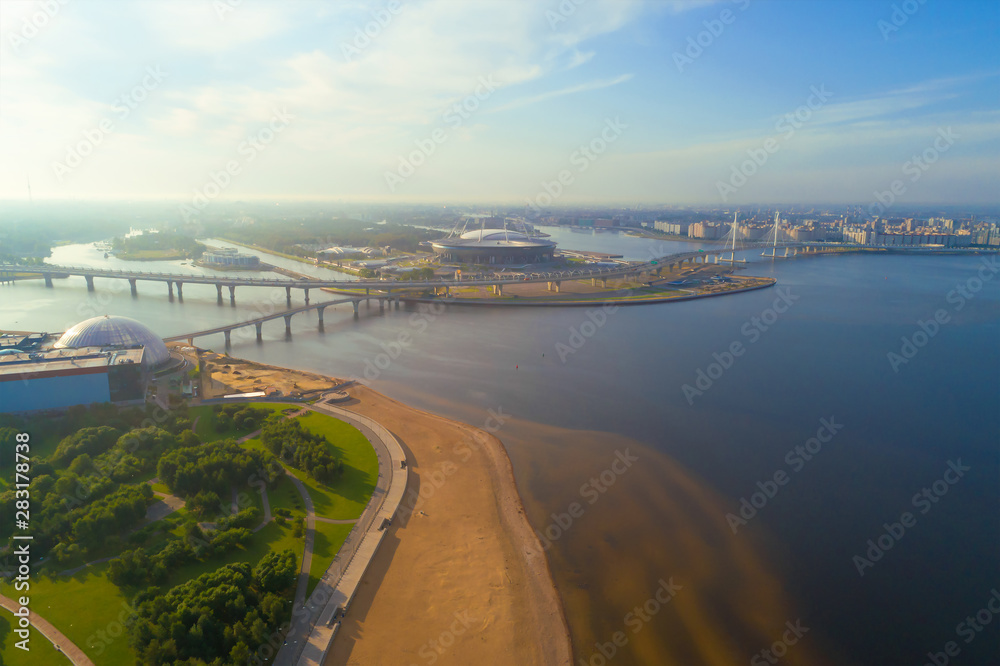 Landscape of the Neva Delta on a sunny July morning (aerial photography), Saint Petersburg
