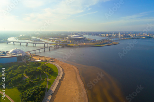 Landscape of the Neva Delta on a sunny July morning (aerial photography), Saint Petersburg