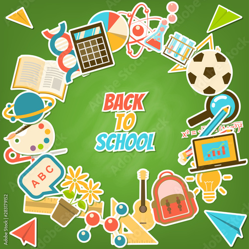 Back to school background surrounded by course and school elements, stationery on green blackboard in flat sticker style