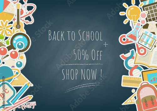 Back to school background with school elements, subjects and stationery in flat sticker style on left and right side with sale calculation method on black chalkboard