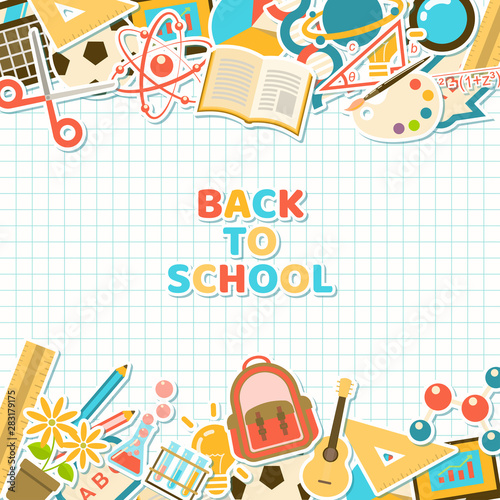 Back to school background with colorful course and school element stickers in flat style on grid paper