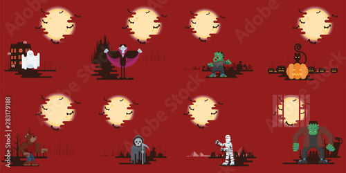 Halloween flat cartoon character on background collection with ghost, vampire, zombie, black cat, jack o lantern, werewolf, grim reaper, mummy and frankenstein under glowing moon