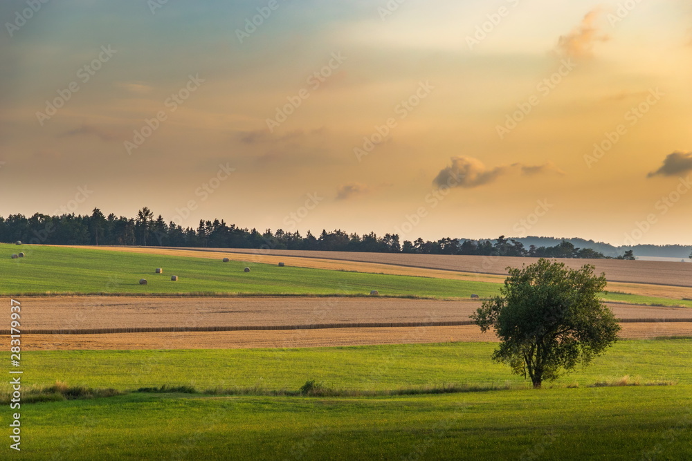 Obraz premium Sunset over the large fields. Czech rural landscape.