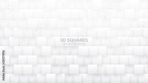 3D Vector Squares Technologic White Abstract Background. Science Conceptual Technology Three Dimensional Tetragonal Blocks Structure Light Wallpaper. Tech Clear Blank Subtle Textured Backdrop