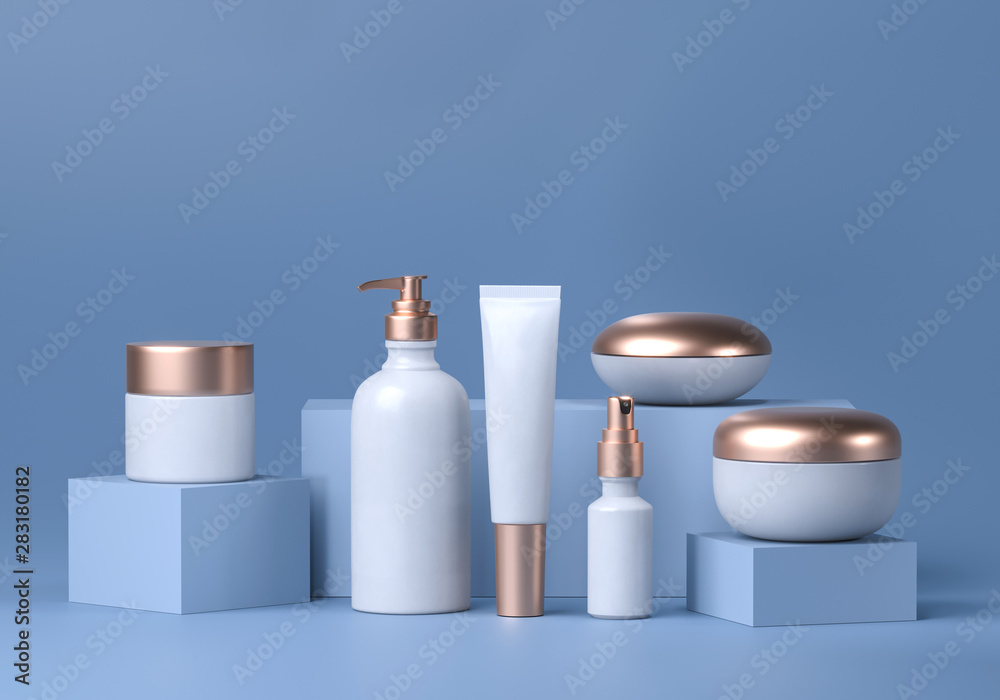 Cosmetic mock up set. Cosmetic packaging bottles jar and tube. Make up blank face cream tube, spray. Trendy white gold realistic beauty products on blue background. Skin or hair care. 3d rendering - obrazy, fototapety, plakaty 