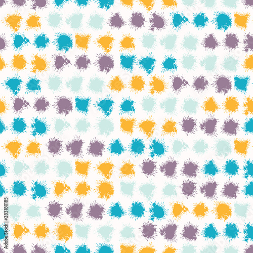 Seamless pattern paint splash polka dot drop stripes. White spotty boho summer background. Vector textile swatch.