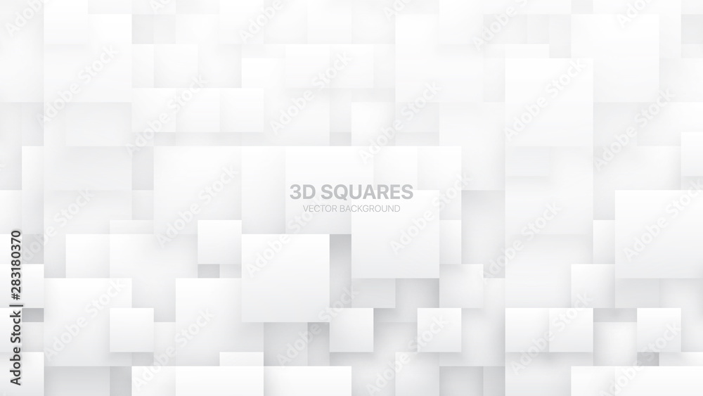Conceptual 3D Vector Different Size Square Blocks Technologic White Abstract Background. Science Technology Tetragonal Structure Light Wallpaper. Tech Clear Blank Subtle Textured Backdrop - obrazy, fototapety, plakaty 