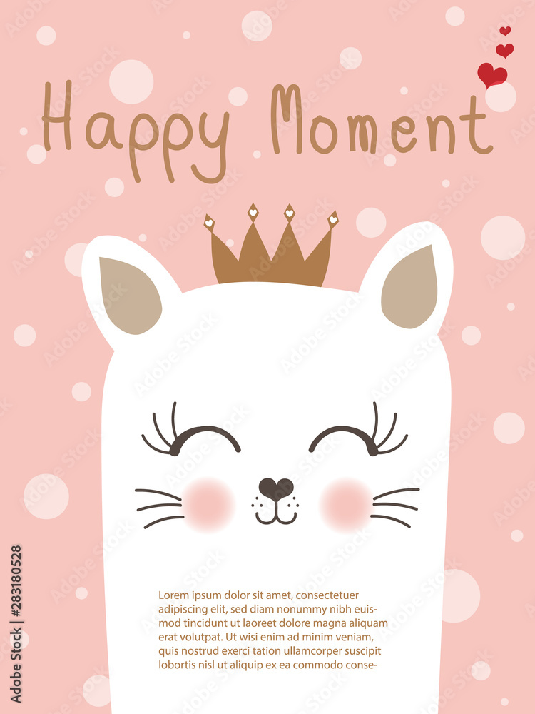 Cute female white cat with smiling and funny face on pastel pink background  with text happy