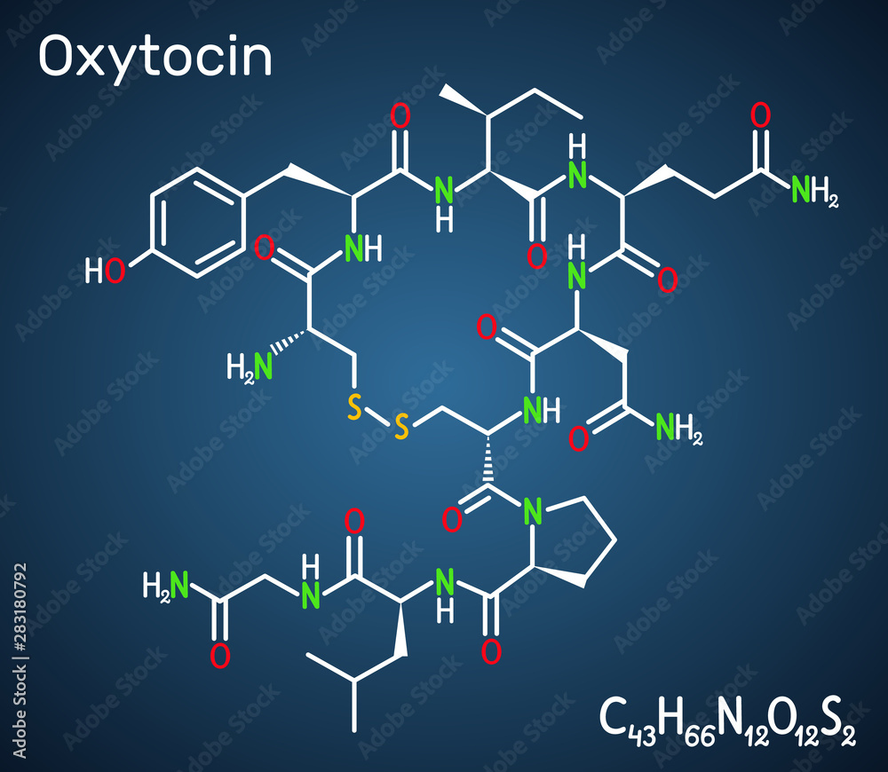Oxytocin, Oxt, peptide hormone and neuropeptide molecule. Structural chemical formula on the dark blue background