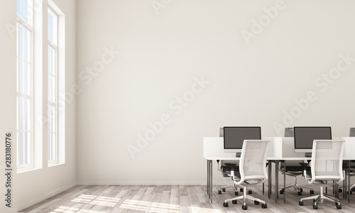 Fototapeta Naklejka Na Ścianę i Meble -  Interior of modern white office with rows of white computer tables with white chairs, wooden floor. 3d rendering