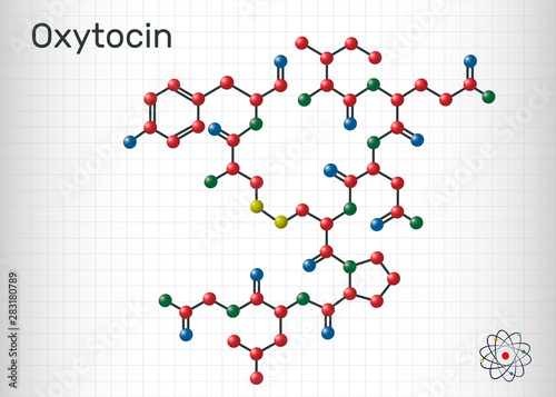 Oxytocin, Oxt, peptide hormone and neuropeptide molecule. Structural chemical formula. Sheet of paper in a cage