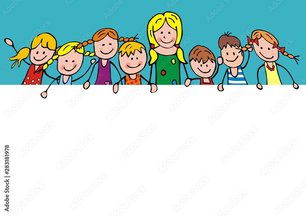 Teacher and group of happy children, front view, banner, vector funny illustration Teacher and group of happy children, front view, banner, vector funny illustration