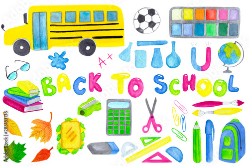 Watercolor set of school related items isolated on white background. Hand drawn illustration of yellow bus, stationery and class equipment, writing and painting material. Back to school lettering text