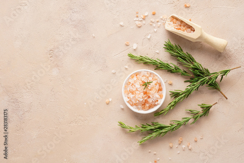 Bilde på lerret Pink Himalayan salt with fresh rosemary twigs.