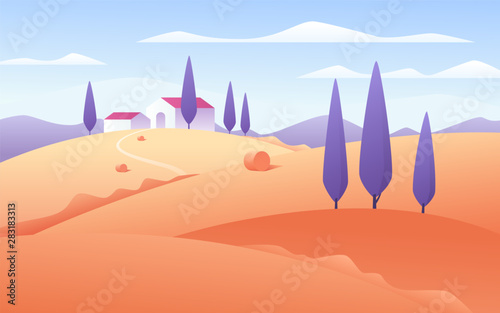 Vector illustration of an autumn flat style rural landscape