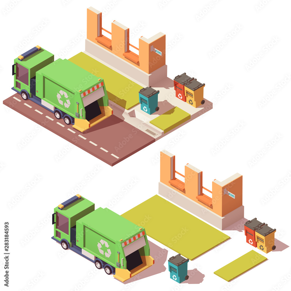 Vector isometric street with garbage truck and separated waste containers. City waste recycling concept
