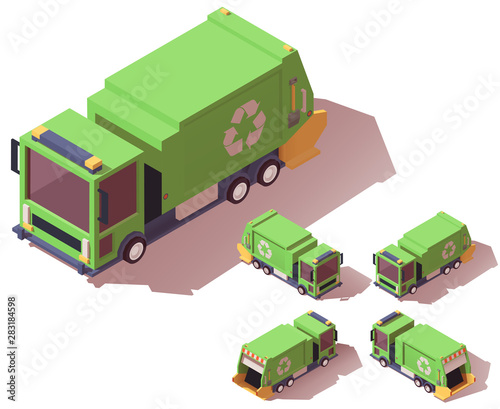 Vector isometric garbage truck icons. Four views with different shadows