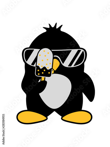 cool pinguin sonnenbrille eis am stiel schlecken eiscreme lecker hunger sommer essen eisdiele süß niedlich klein vogel comic cartoon clipart design photo