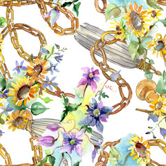 Foto auf Acrylglas Blumen- und Juwelenmuster Blumenstrauß mit botanischen Blumen der Sonnenblumen. Aquarellhintergrundillustrationssatz. Nahtloses Hintergrundmuster.  © LIGHTFIELD STUDIOS
