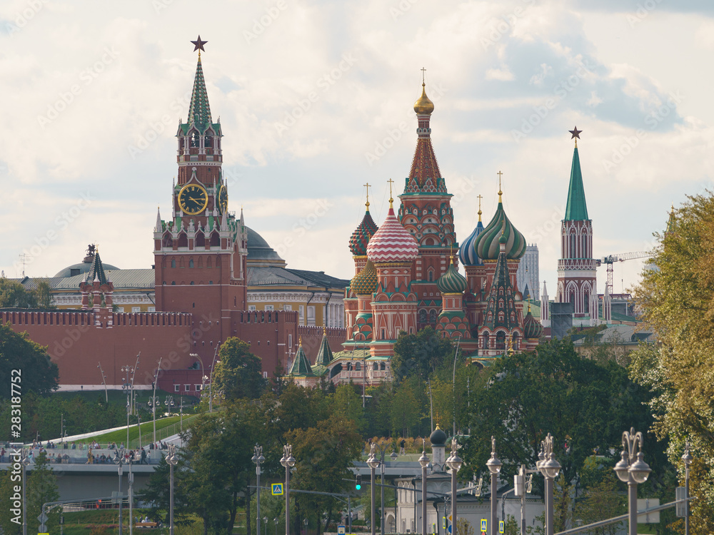 Moscow cityscape in summer day. Moscow Kremlin photo photography. Image of Kremlin Towers, Spasskaya Tower, Saint Basil's Cathedral. Hugh resolutiob photo.