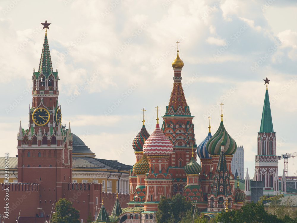 Moscow cityscape in summer day. Moscow Kremlin photo photography. Image of Kremlin Towers, Spasskaya Tower, Saint Basil's Cathedral. Hugh resolutiob photo.