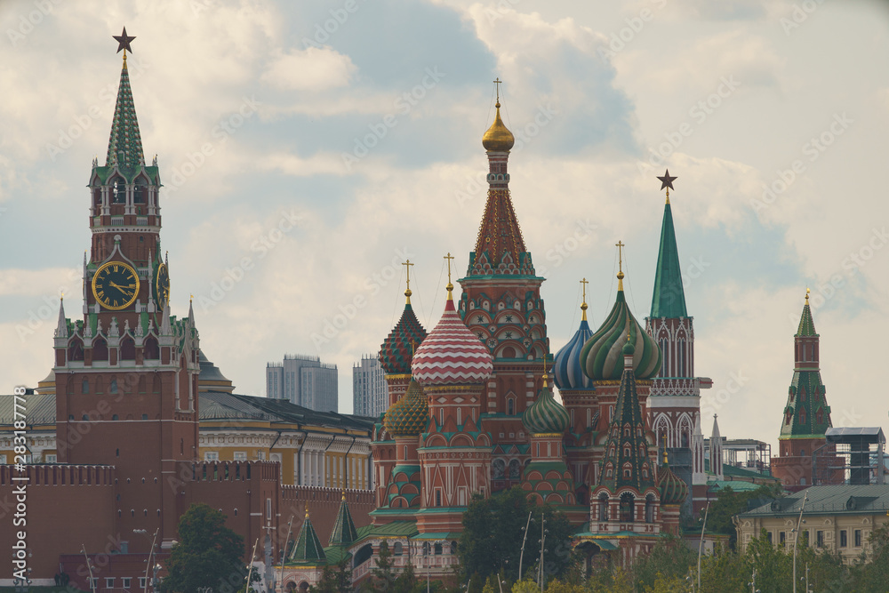 Moscow cityscape in summer day. Moscow Kremlin photo photography. Image of Kremlin Towers, Spasskaya Tower, Saint Basil's Cathedral. Hugh resolutiob photo.
