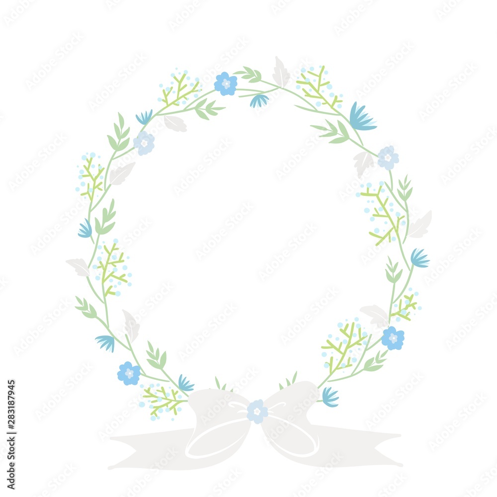 Hand draw of circle frame with light blue green and gray flowers with gray ribbon. To feel like winter time.