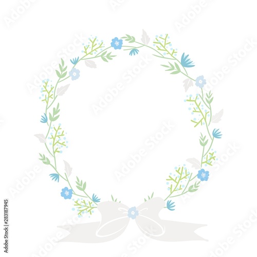 Hand draw of circle frame with light blue green and gray flowers with gray ribbon. To feel like winter time.