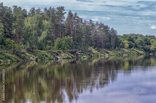 calm plain river among the banks covered with forest