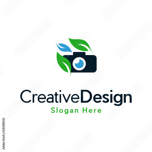 nature photos logo design. camera with leaf combine, Camera with leaf combine, nature photography logo design inspiration
