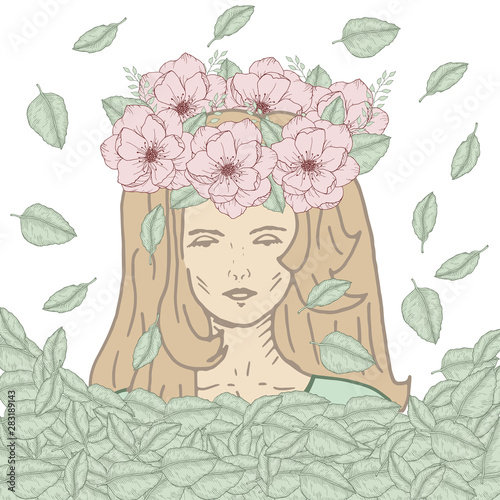 Hand drawn yoga girl in wreath with wild rose flower and green leaves vector illustration