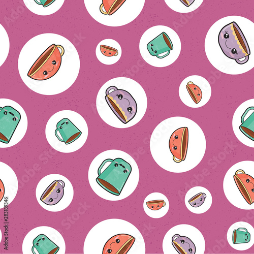 Pink and white kawaii cups seamless pattern print background