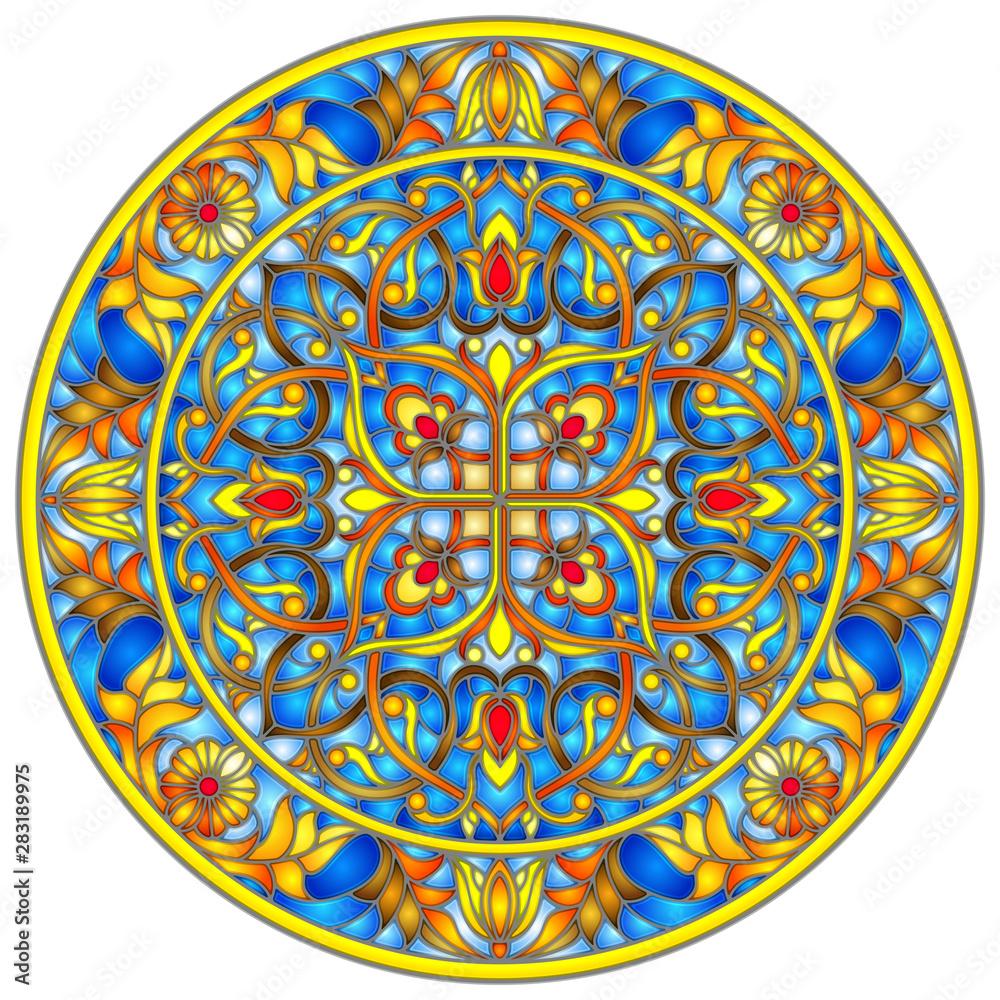 Illustration in stained glass style, round mirror image with floral ornaments and swirls Illustration in stained glass style, round mirror image with floral ornaments and swirls