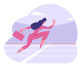 Business Woman Character Holding Briefcase Running on Stadium. Successful Businesswoman Leader Crossing Finishing Line in Marathon Challenge. Work Leadership Concept Cartoon Flat Vector Illustration