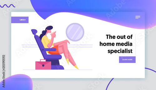 Businesswoman Passenger Travel by Plane Website Landing Page. Young Business Woman Sit in Airplane Seat and Drinking Beverage. Corporate Airline Trip Web Page Banner. Cartoon Flat Vector Illustration