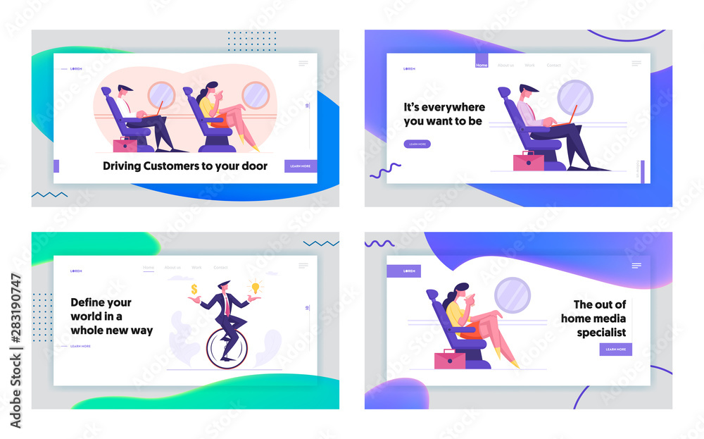 Business Trip and Race Website Landing Page Set. Businessman and Woman Sitting in Airplane, Passengers Traveling by Plane, Man Riding Monowheel Cycle Web Page Banner. Cartoon Flat Vector Illustration
