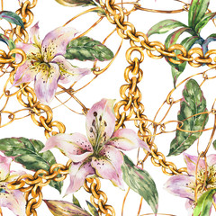 Foto auf Acrylglas Blumen- und Juwelenmuster Aquarell Goldketten und Ringe nahtloses Muster mit weißen königlichen Lilien, Mode-Vintage-Luxus-Elemente  © depiano