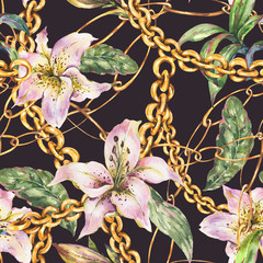 Foto auf Acrylglas Blumen- und Juwelenmuster Aquarell Goldketten und Ringe nahtloses Muster mit weißen königlichen Lilien, Mode-Vintage-Luxus-Elemente  © depiano