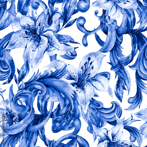 Watercolor blue baroque seamless pattern with white royal lilies. Hand drawn blue scrolls, flowers, leaves.