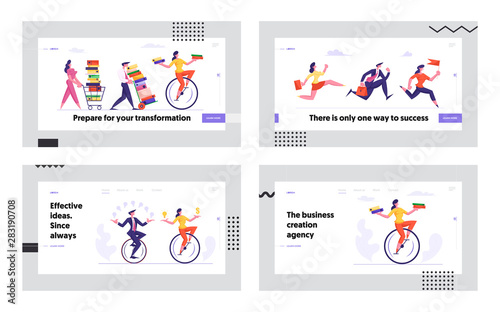 Business Competition Racing People Website Landing Page Set. Office Workers Men and Women Riding Monowheel Bicycle, Leadership Goal Achievement Concept Web Page Banner Cartoon Flat Vector Illustration