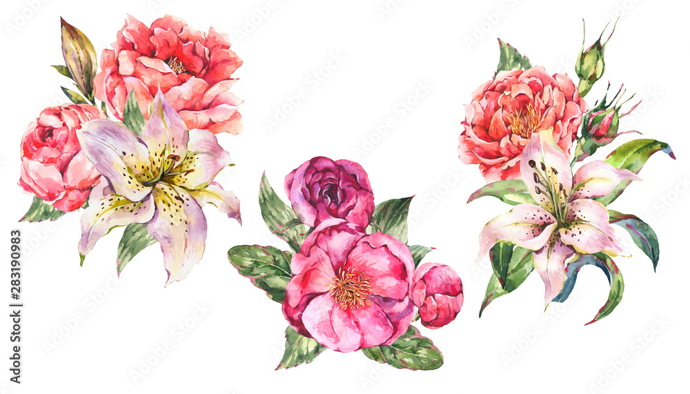 Set of Vintage Watercolor bouquets with Blooming Flowers. Roses, Peonies, White Royal Lilies.