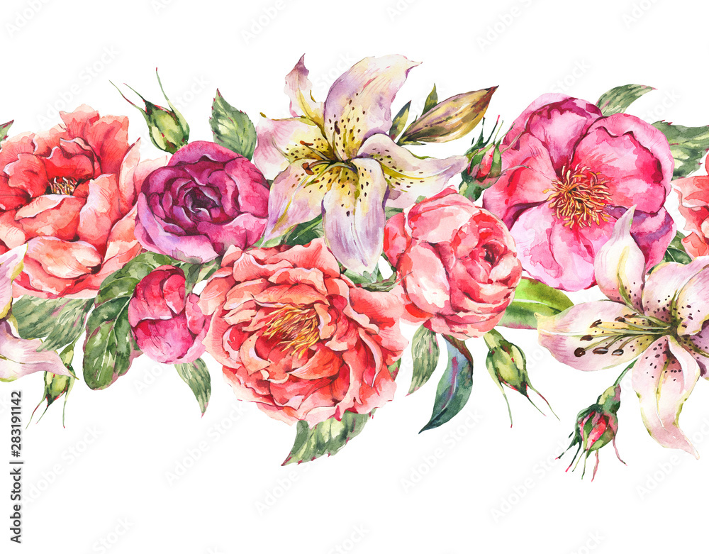 Vintage Watercolor Seamless Border with Blooming Flowers. Roses and Peonies, Royal Lilies.