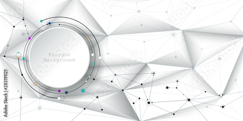 Illustration Abstract 3d paper circle with molecules, lines, geometric, polygon, triangle pattern. Vector design network communication technology on dark blue background. Futuristic technology concept