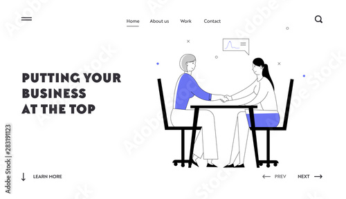 Shaking Hands Agreement Negotiation Website Landing Page. Business Partners Women Characters Handshaking Partnership Concept of Businesspeople Meeting Web Page Banner. Cartoon Flat Vector Illustration