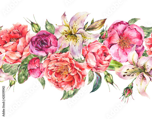 Vintage Watercolor Seamless Border with Blooming Flowers. Roses and Peonies  Royal Lilies.