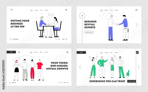 Creative Business Team and Partnership Agreement Handshaking Website Landing Page. Joyful Business People Stand in Line, Businessmen Hand Shaking Web Page Banner. Cartoon Flat Vector Illustration